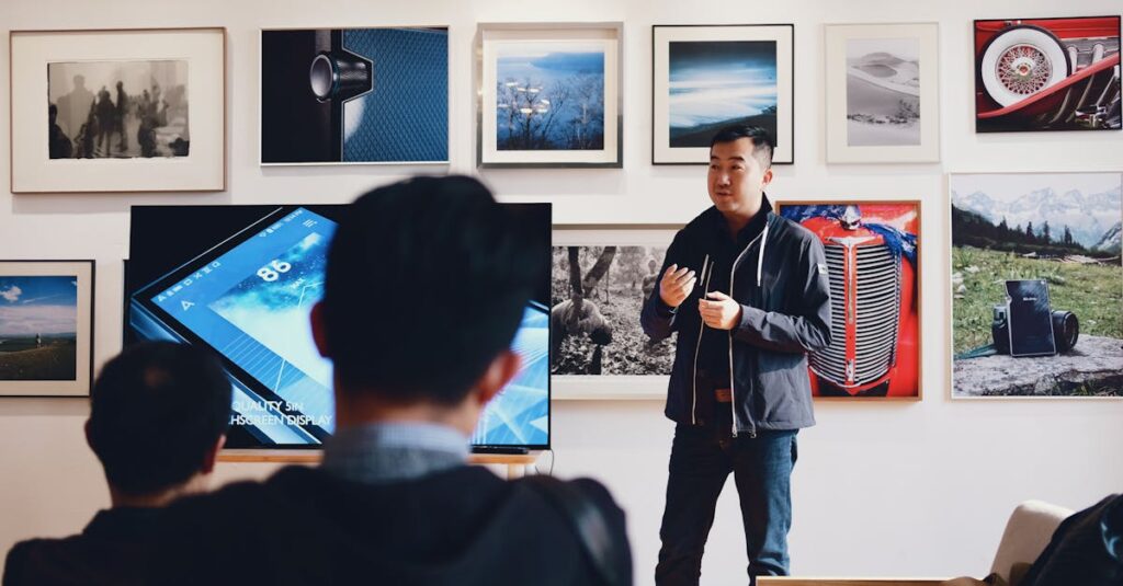 Man giving a presentation in a modern art gallery setting, engaging audience.